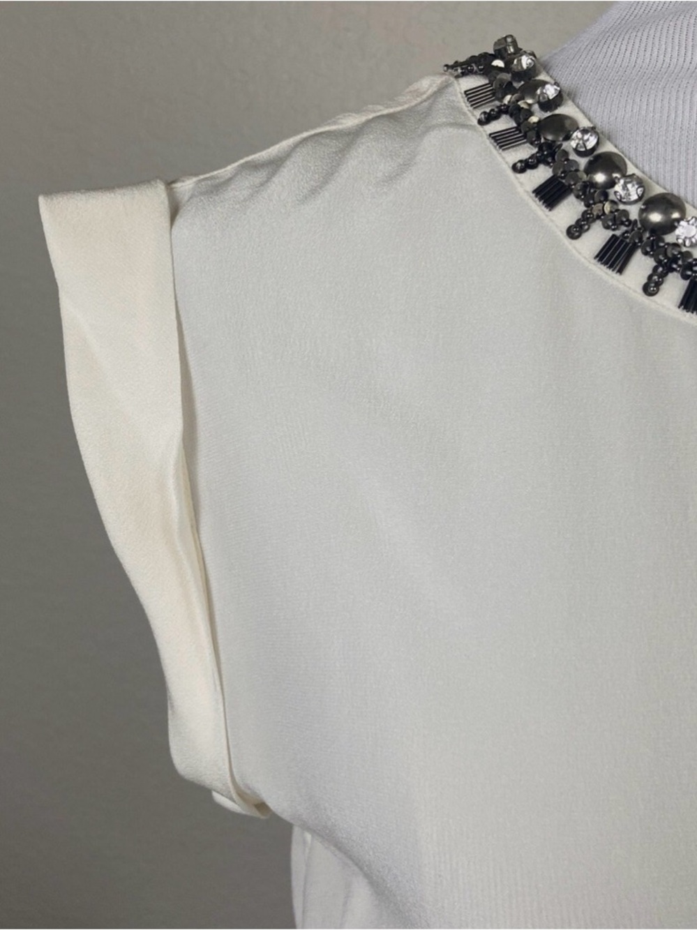 Rebecca Taylor Ivory Sleeveless Blouse with Embellished Neckline